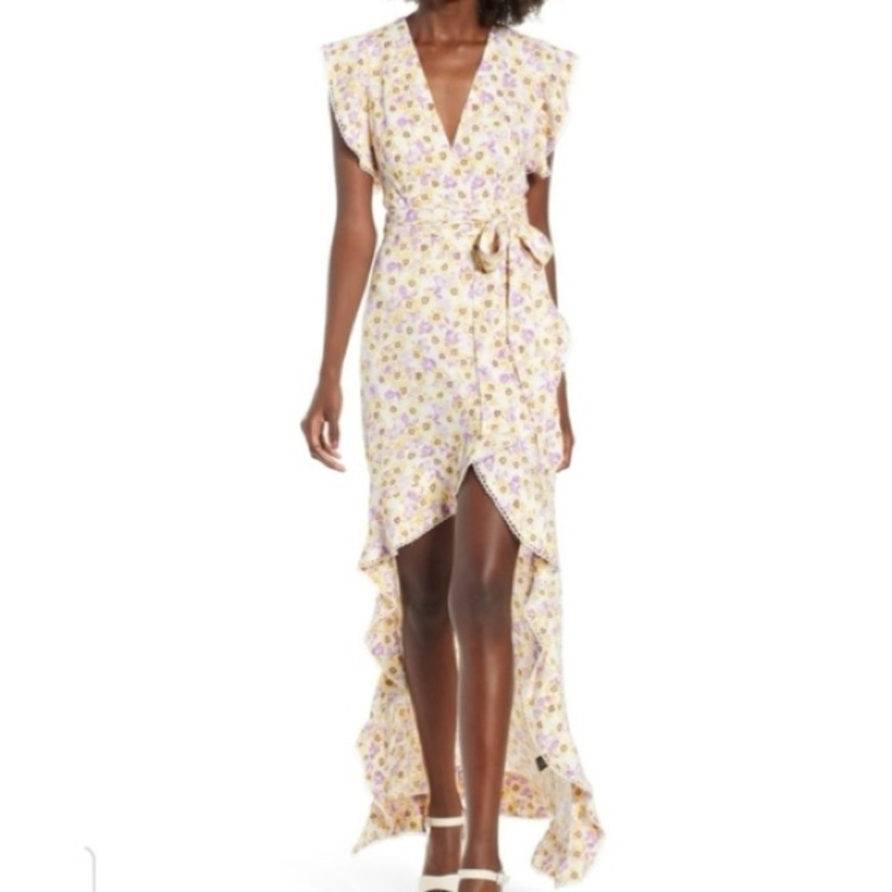AFRM Floral Ruffle Wrap Maxi Dress | Purple & Yellow Pansy Print | Cottagecore